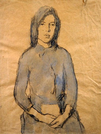 少女、両手を膝の上に置く（鉛筆・水彩・紙） 作： Gwen John