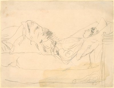 ベッドに横たわる少女（紙に鉛筆書き） 作： Gwen John