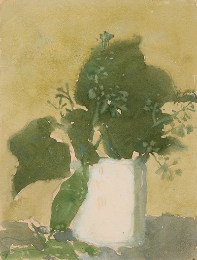 白い水差しに緑の葉 (紙に水彩、ガッシュ、鉛筆) 作： Gwen John