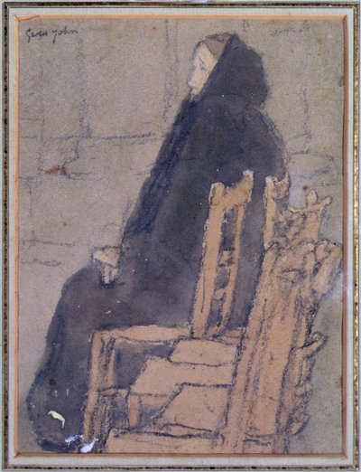 黒いショールを着た老婆 (ベージュの紙に水彩、ボディカラー、黒いクレヨン) 作： Gwen John