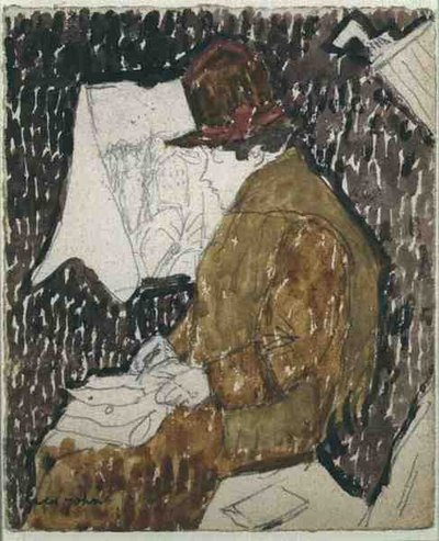 鉄道車両に乗った女性の横顔（水彩・紙） 作： Gwen John