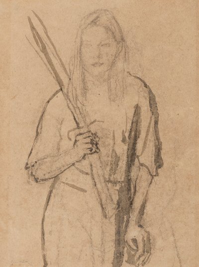 彼女の手で木製のポストを持つ立っている女の子（鉛筆＆紙の上で洗う） 作： Gwen John