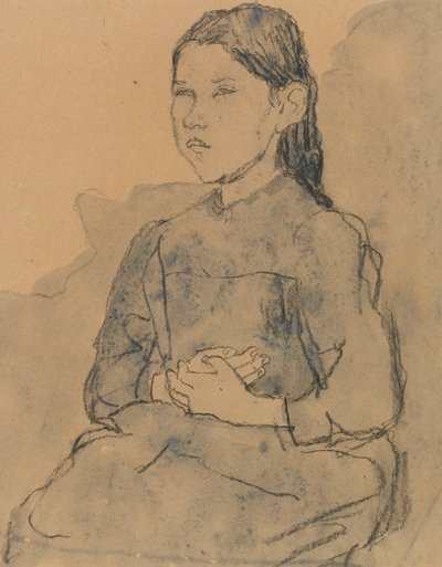 若い女の子：マリー・ハモネット、1918年頃（木炭と青の紙の上でのウォッシュ） 作： Gwen John