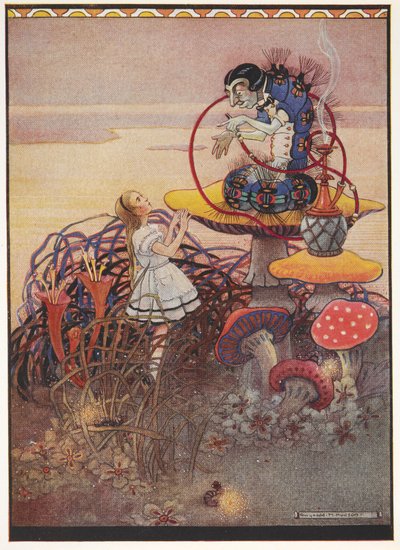 巨大なキノコの上に座ってパイプを吸っている青イモムシに話しかけるアリス。 作： Gwynedd M. Hudson