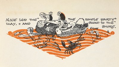 涙のプール」のアリスと動物たちが泳いでいるイラスト。動物はドードー、ネズミ、サル、魚、カニ、リス、アヒルなど。 作： Gwynedd M. Hudson