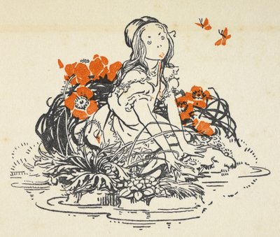 Kuva Liisasta uima-altaan vieressä, jota ympäröivät unikot ja perhoset 作： Gwynedd M. Hudson