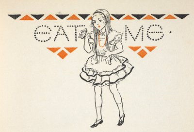 私を食べて」と書かれた小さなケーキを持ったアリスのイラスト。 作： Gwynedd M. Hudson