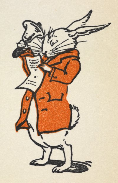 赤いジャケットを着た白ウサギが大きなベルを鳴らしながら読んでいるイラスト。 作： Gwynedd M. Hudson