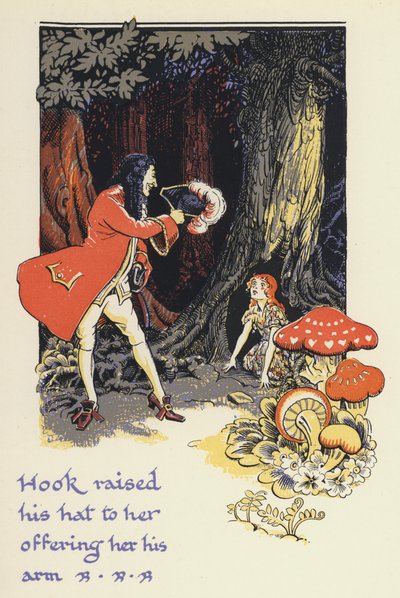 ピーターパンとウェンディ: フックは帽子を上げて彼女に腕を差し出している (リソ色) 作： Gwynedd M. Hudson