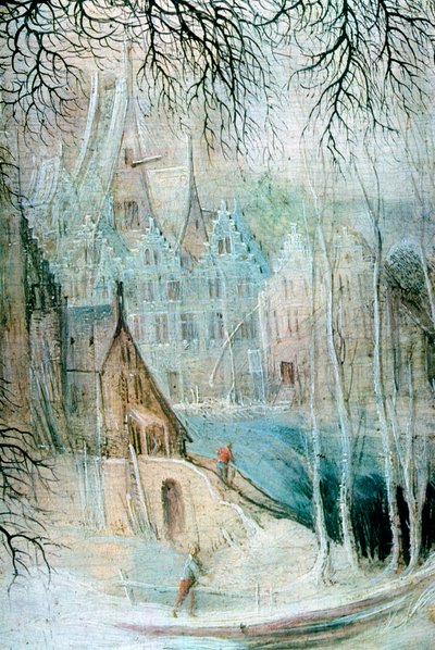 「木こりのいる冬の風景」、詳細、c1606-1656 作： Gysbrecht Leytens