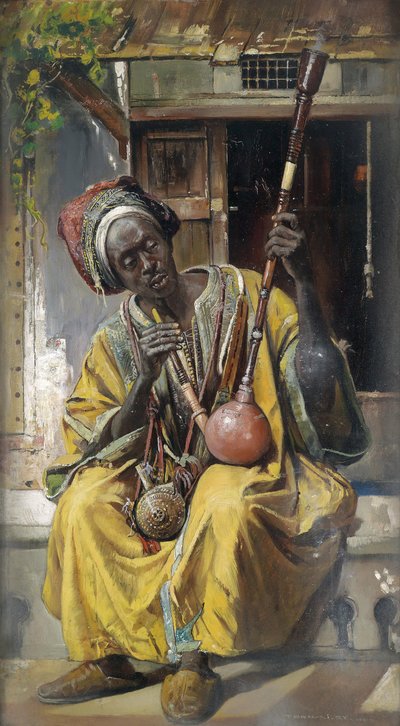 "Fumeur de pipe a eau" (narghile) (水パイプを吸う人) Peinture de Gyula Tornai (1861-1928) 木に油彩 1903 Dim 58x34 cm プライベート・コレクション 作： Gyula Tornai