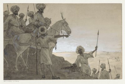 砂漠の風景で馬に乗った戦士 作： H.C. Louwerse (signed by artist)