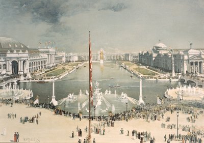 1893年イリノイ州シカゴのマクモニーズファウンテンから名誉裁判所とグランドベイスンに向かって東に見える世界コロンビア展示会 作： H.D. Nichols