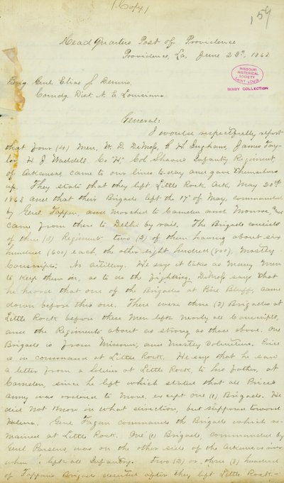 1863年6月22日、ルイジアナ州プロビデンスの郵便局本部のH・T・リードからエリアス・S・デニス准将への手紙 作： H.T. Reid