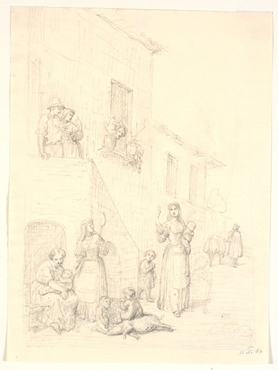 イタリアの家の外の女性と子供 作： H.W. Bissen