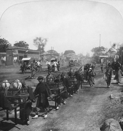 中国の葬列、出発した精神のための食物を運ぶ、北京、中国、1901 作： H. C. White