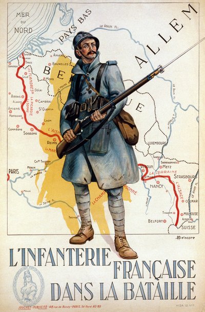戦闘中のフランス歩兵（赤い線はヒンデンブルグライン）-H.デラスプレの絵 作： H. Delaspre