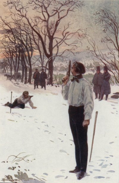 拳銃で顔を隠してじっとしているアンリが待っていた（カラーリトグラフ 作： H. Delaspre