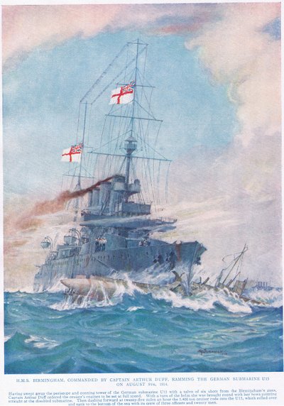 1914年8月9日にドイツの潜水艦U15に衝突するアーサーダフ船長の指揮するHMSバーミンガム、ハッチンソンウント社発行の「Dess that Thrill the Empire」のイラスト、1920年頃（カラーli 作： H. G. Swanwick