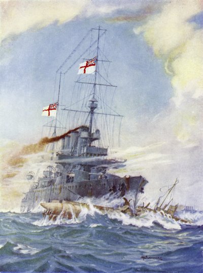 HMSバーミンガムがドイツの潜水艦U-15に衝突（1914年8月9日） 作： H. G. Swanwick
