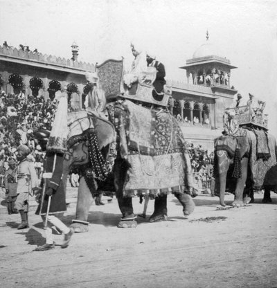 1900年代にインドのデリーにあるJumma Masjidを通過する象の行列。 作： H. Hands and Son