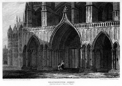 1815年にロンドンのウェストミンスター寺院、ヘンリー7世礼拝堂の一部を備えた北ポーチ。 作： H. Hobson