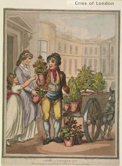 「All a growth, a growth, heres Flowers for you Gardens」、Cries of London のプレート VI、1799 年 作： H Merke