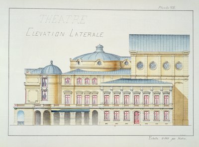 劇場の側面昇格、デザインのフォリオからのプレートVII、c.1870 作： H. Monnot