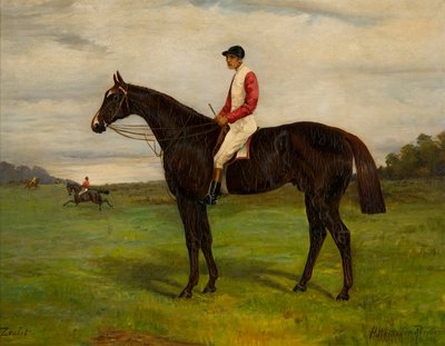 ジョッキーと熱狂的な湾の競走馬、1871〜1933年頃（キャンバスに油彩） 作： H. Whittaker Reville