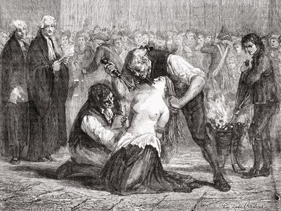 マイヤー・ハイネによって彫刻されたマダム・ド・ラ・モットの拷問は、ルイ・ブラン（1811-82）の「歴史革命フランセーズ」から 作： H. de la Charlerie