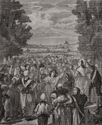 1789年10月5日〜6日、ヴェルサイユに行進する女性たち。ルネブラン（1811-82年）の「歴史革命フランセーズ」からパンネメーカーリグニーが彫刻 作： H. de la Charlerie