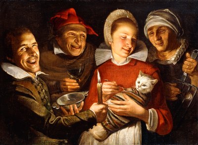 オランダのことわざ-男性に囲まれた縛られた猫に餌をやる女性、 作： Haarlem School
