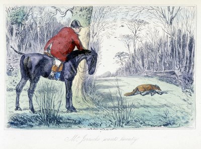 馬上の狩猟シーンH.K.ブラウンとW.T.モードが描いた「Thomas Scott or Hawbuck Grangeの冒険」から、キツネ狩りを描いたイギリスの漫画。 作： Hablot Knight Browne