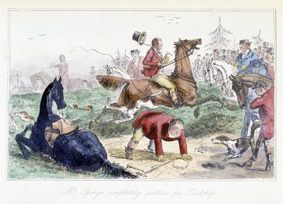 ハンターが馬から落ちる。トーマス・スコットやホーバック・グランジの冒険からの英語の漫画」、イラストはH.K.ブラウンとW.T.モード。 作： Hablot Knight Browne