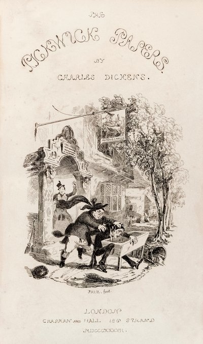 1837年に書籍化された『ピックウィック・クラブの遺稿集』のタイトルページ 作： Hablot Knight Browne