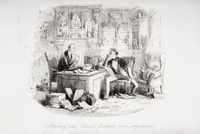 弁護士とクライアント、不屈と焦り、チャールズディケンズ（1812-70）による「ブリークハウス」のイラスト、1853年（リソ）公開 作： Hablot Knight Browne