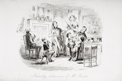 バケット氏の友好的な行動、チャールズ・ディケンズ（1812-70）による「ブリーク・ハウス」のイラスト、1853年発行 作： Hablot Knight Browne
