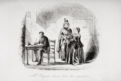 バネット夫人は遠征から帰国し、チャールズディケンズ（1812-70）の「ブリークハウス」のイラストが1853年に出版されました。 作： Hablot Knight Browne