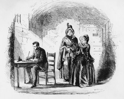 バネット夫人は遠征から帰国し、チャールズディケンズ（1812-70）が出版した1853年の「ブリークハウス」のイラスト 作： Hablot Knight Browne