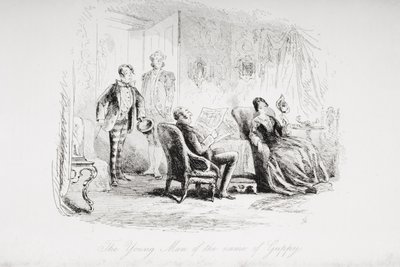 グッピーという名前の若者、チャールズディケンズ（1812-70）の「ブリークハウス」のイラストは1853年に出版された 作： Hablot Knight Browne