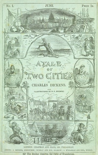 チャールズディケンズの本「2つの都市の物語」1859年に連載された最初の版の最初の部分のタイトルページ 作： Hablot Knight Browne