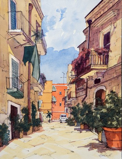 イタリア、バーリの旧市街、2024年頃 （紙に水彩、インク） 作： Hadley Rampton