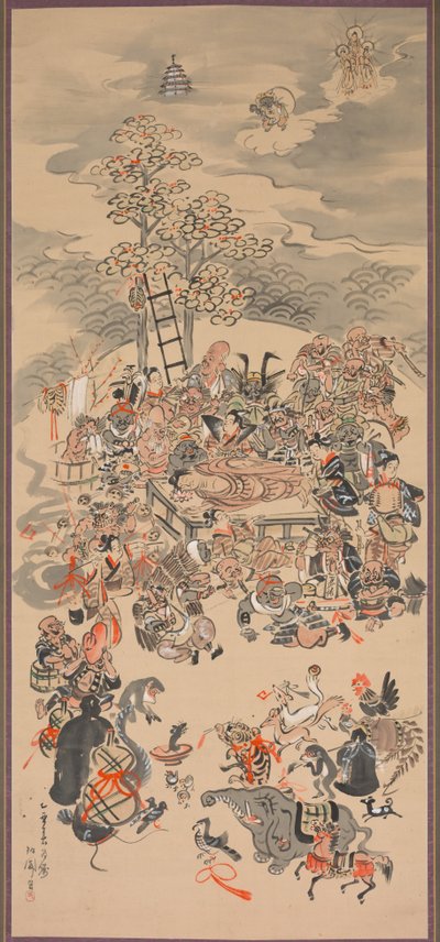 大津絵主題のパリニルヴァーナ、1800年代。 作： Hakuen