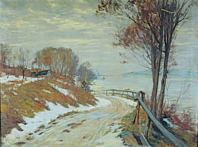 雪景色を通る道（キャンバスに油彩） 作： Hal Robinson
