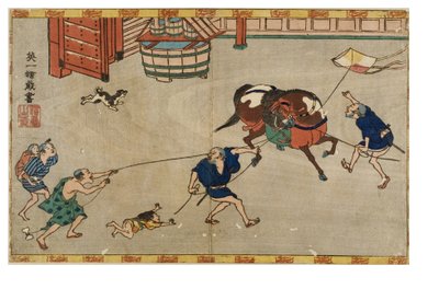 凧に驚いた馬、1830〜1839年頃（紙に木版画） 作： Hanabusa Itcho