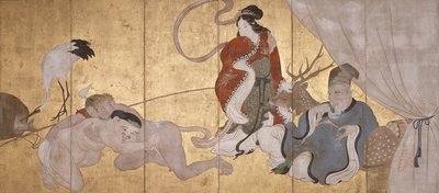 七福神（紙本、墨、彩色、金箔、六屏風） 作： Hanabusa Itcho
