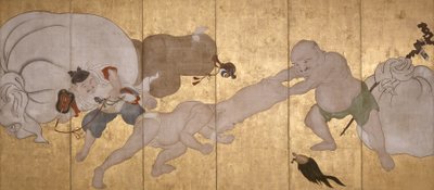 七福神（紙本、墨、彩色、金箔、六屏風） 作： Hanabusa Itcho