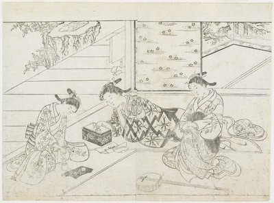1つの部屋に3人の売春婦、1770年代初頭（木版画） 作： Hanabusa Shigenobu