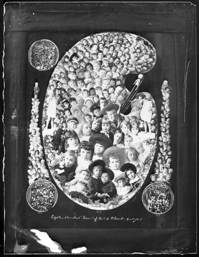 1884;ブリティッシュコロンビア州の18の宝石があなたを迎えます！;前年の1885年に撮影された子供の肖像画で構成される合成写真（bw写真） 作： Hannah Maynard