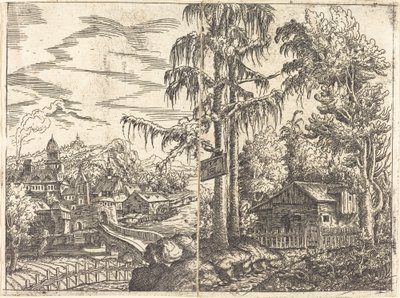 農家の小屋と川の近くの町の見える風景 作： Hanns Lautensack